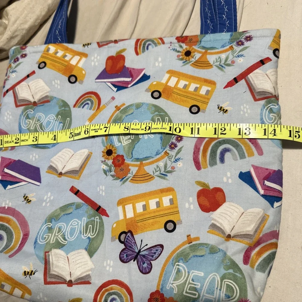 Handmade Teacher School Tote Bag Shoulder Pocket Bus Books Cotton Back To School